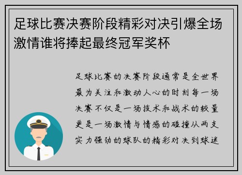 足球比赛决赛阶段精彩对决引爆全场激情谁将捧起最终冠军奖杯