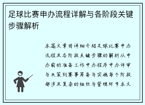 足球比赛申办流程详解与各阶段关键步骤解析