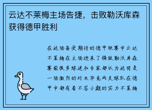 云达不莱梅主场告捷，击败勒沃库森获得德甲胜利