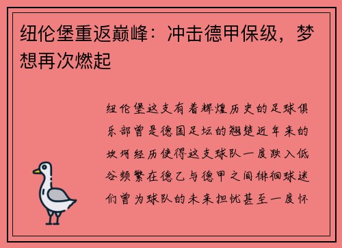 纽伦堡重返巅峰：冲击德甲保级，梦想再次燃起
