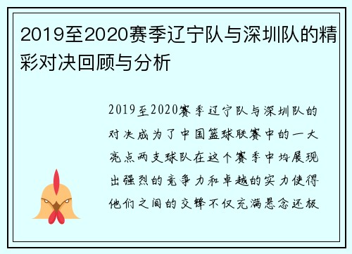 2019至2020赛季辽宁队与深圳队的精彩对决回顾与分析