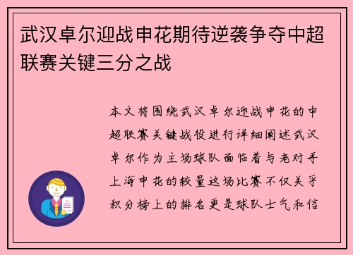 武汉卓尔迎战申花期待逆袭争夺中超联赛关键三分之战