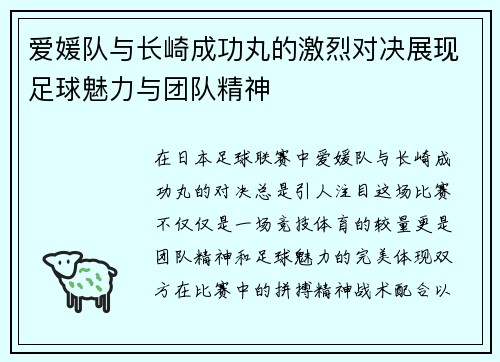 爱媛队与长崎成功丸的激烈对决展现足球魅力与团队精神