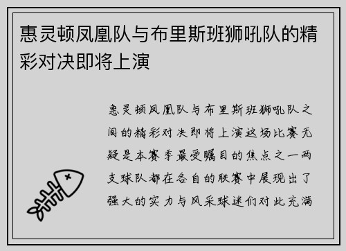 惠灵顿凤凰队与布里斯班狮吼队的精彩对决即将上演